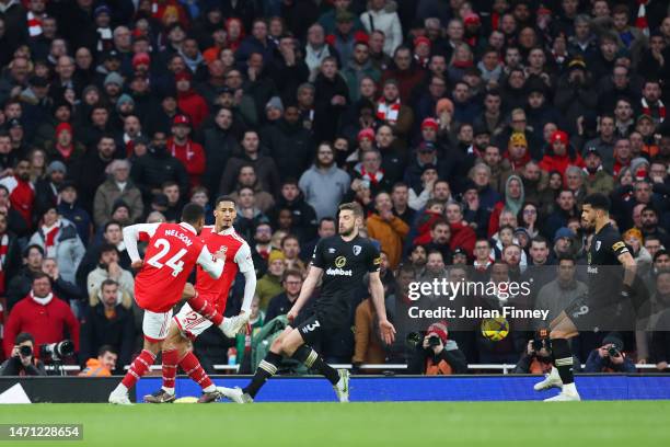 Reiss Nelson of Arsenal scores the team's third goal during the Premier League match between Arsenal FC and AFC Bournemouth at Emirates Stadium on...