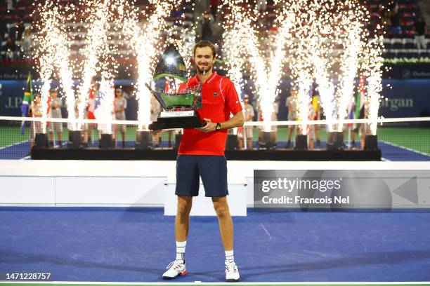 Daniil Medvedev celebrates with his winners trophy after the Men's Final Single's match on day fourteen of the Dubai Duty Free Tennis at Dubai Duty...