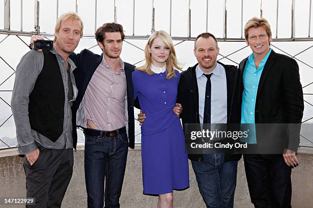 The Amazing Spider-Man" Cast actor Rhys Ifans, actor Andrew Garfield, actor Emma Stone, director Marc Webb and actor Denis Leary visit The Empire...