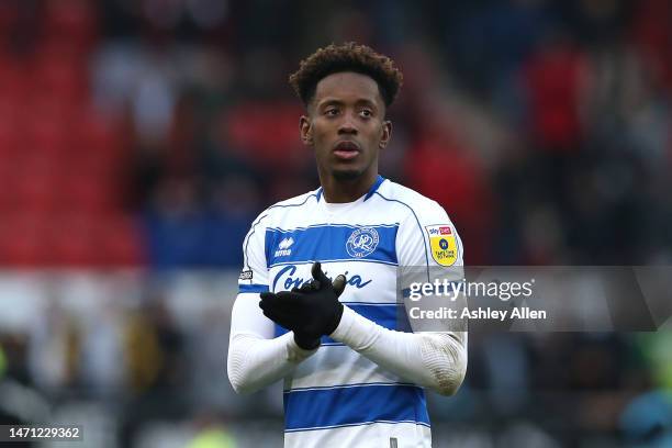 Jamal Lowe of Queens Park Rangers thanks the away supporters after the Sky Bet Championship match between Rotherham United and Queens Park Rangers at...