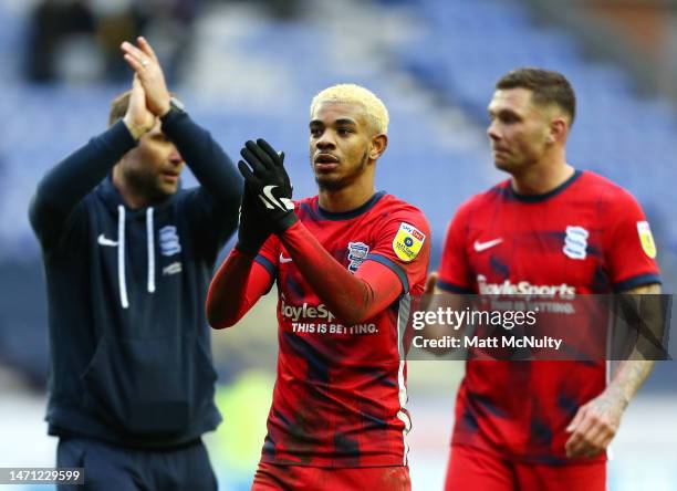 Juninho Bacuna of Birmingham City applauds the fans at full time during the Sky Bet Championship between Wigan Athletic and Birmingham City at DW...