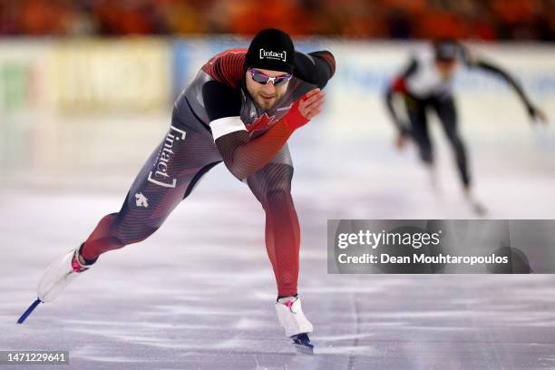 Laurent Dubreuil of Canada competes in the 1000m Men race during the ISU World Speed Skating Championships at Thialf Ice Rink on March 04, 2023 in...