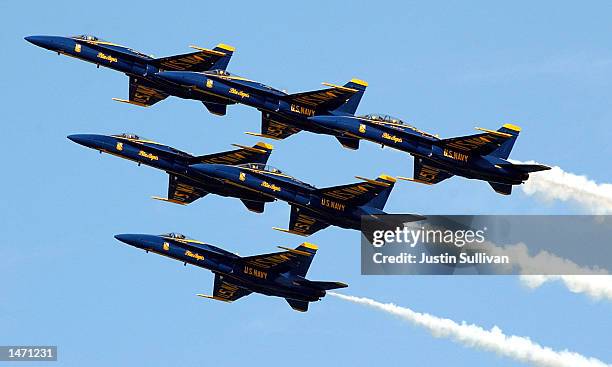 Navy Blue Angels F-18A Hornets fly in formation during a practice performance for Fleet Week October 11, 2002 in San Francisco, California. The...