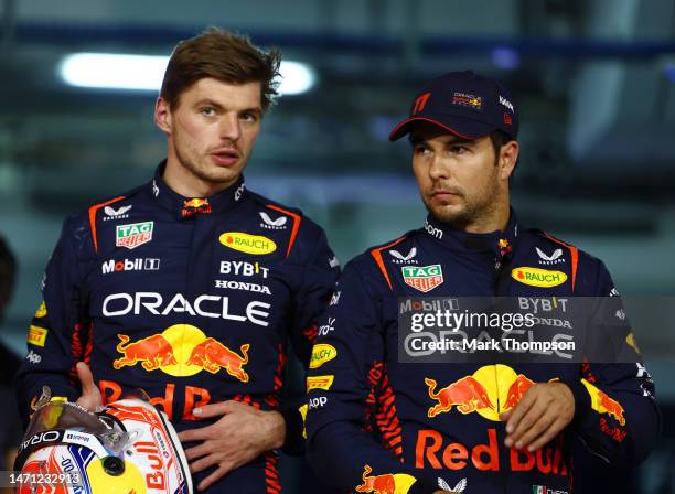 Pole position qualifier Max Verstappen of the Netherlands and Oracle Red Bull Racing and Second placed qualifier Sergio Perez of Mexico and Oracle...