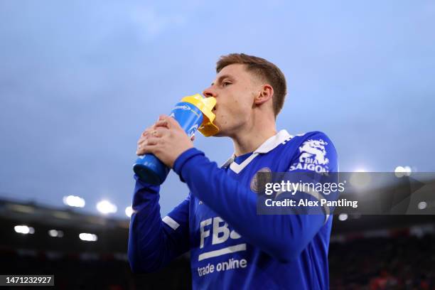 Harvey Barnes of Leicester City takes a drink prior to the Premier League match between Southampton FC and Leicester City at Friends Provident St....