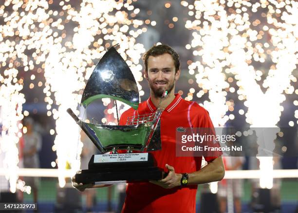 Daniil Medvedev celebrates with his winners trophy after the the Men's Final Singles match during day fourteen of the Dubai Duty Free Tennis at Dubai...