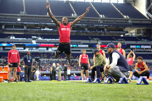 Wide receiver Michael Jefferson of Louisiana‐Lafayette participates in the broad jump during the NFL Combine at Lucas Oil Stadium on March 04, 2023...