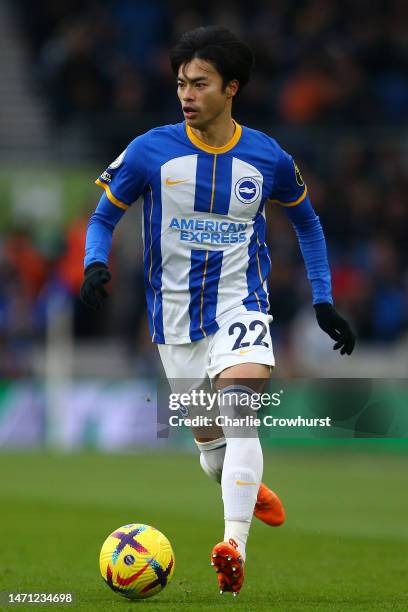 Karou Mitoma of Brighton in acton during the Premier League match between Brighton & Hove Albion and West Ham United at American Express Community...