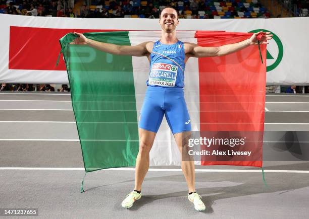 Gold Medallist Samuele Ceccarelli of Italy celebrates following the Men's 60m Final during Day 2 of the European Athletics Indoor Championships at...