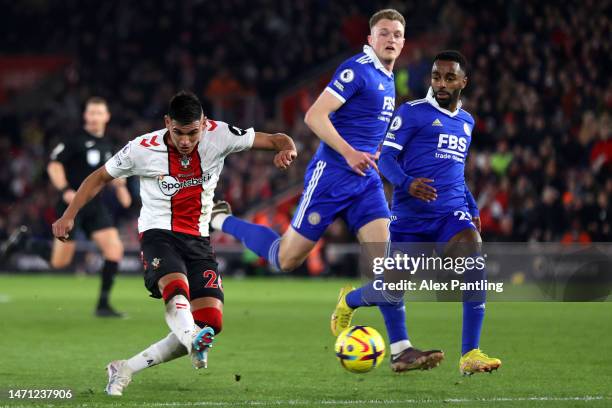 Carlos Alcaraz of Southampton scores the side's first goal during the Premier League match between Southampton FC and Leicester City at Friends...