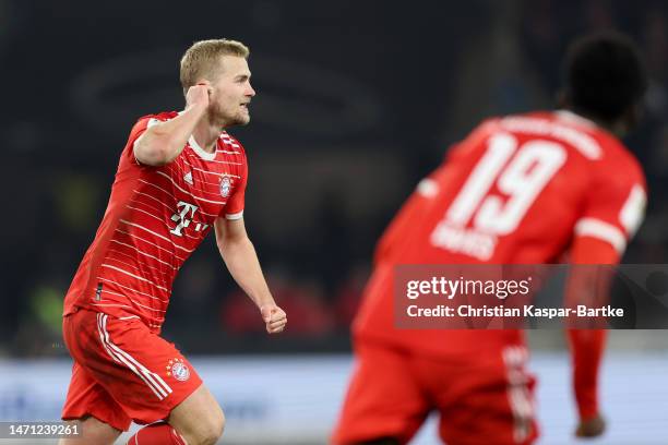 Matthijs de Ligt of FC Bayern Munich celebrates after scoring the team's first goal during the Bundesliga match between VfB Stuttgart and FC Bayern...