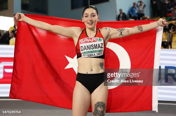 Tugba Danismaz of Turkey celebrates following the Women's Triple Jump Final during Day 2 of the European Athletics Indoor Championships at the Atakoy...
