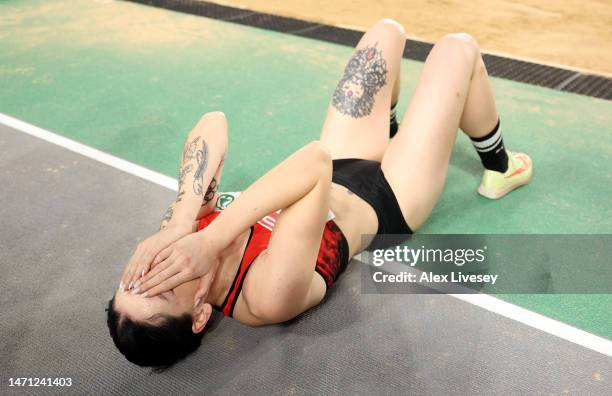 Tugba Danismaz of Turkey celebrates following the Women's Triple Jump Final during Day 2 of the European Athletics Indoor Championships at the Atakoy...