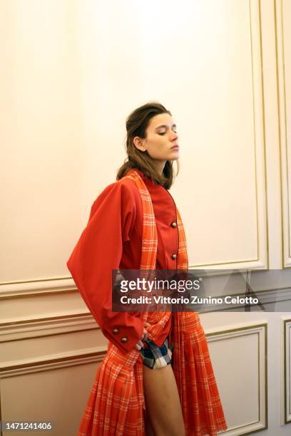 Model poses backstage prior to the Vivienne Westwood Womenswear Fall Winter 2023-2024 show as part of Paris Fashion Week on March 04, 2023 in Paris,...