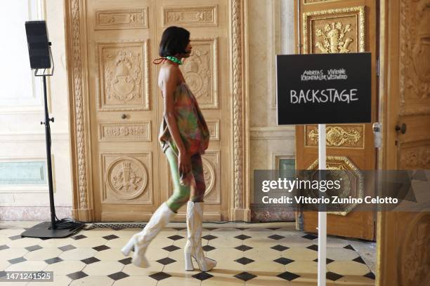 Model poses backstage prior to the Vivienne Westwood Womenswear Fall Winter 2023-2024 show as part of Paris Fashion Week on March 04, 2023 in Paris,...