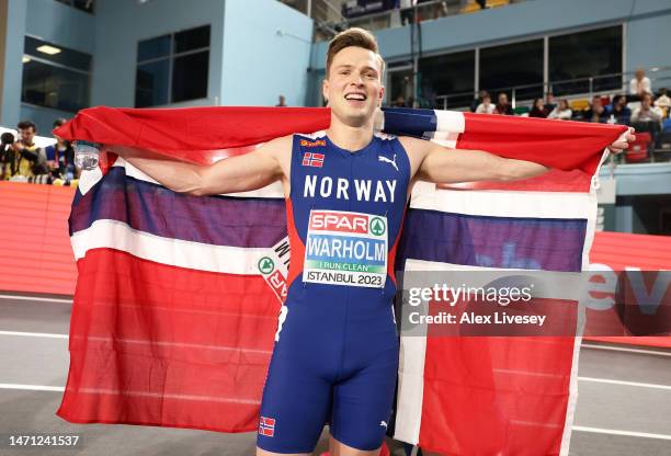 Karsten Warholm of Norway celebrates following the Men's 400m Final during Day 2 of the European Athletics Indoor Championships at the Atakoy Arena...