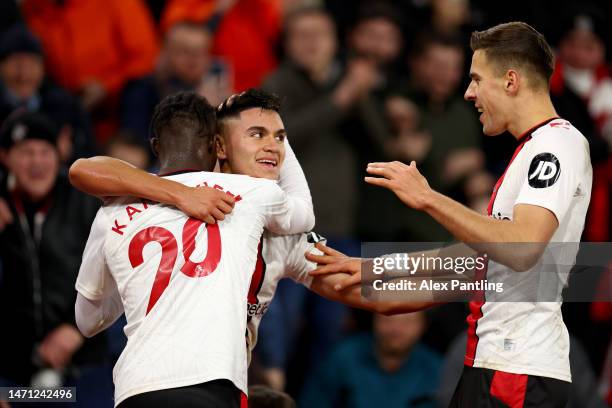 Carlos Alcaraz of Southampton celebrates after scoring the team's first goal during the Premier League match between Southampton FC and Leicester...