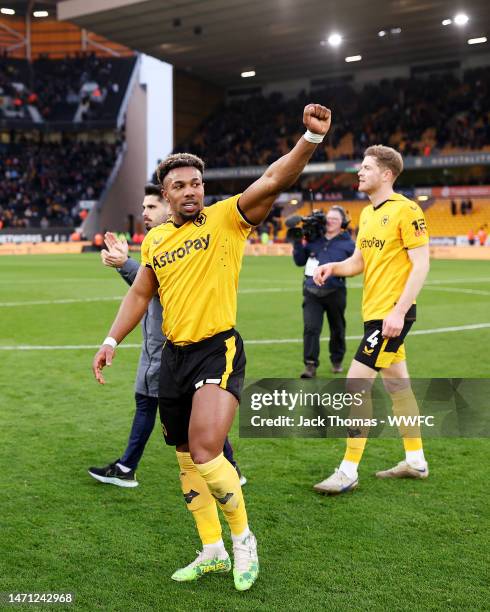 Adama Traore of Wolverhampton Wanderers celebrates victory following the Premier League match between Wolverhampton Wanderers and Tottenham Hotspur...