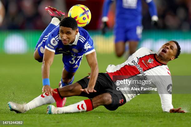 Tete of Leicester City and Kyle Walker-Peters of Southampton clash as they battle for the ball during the Premier League match between Southampton FC...