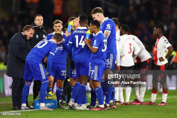Brendan Rogers, Manager of Leicester City, interacts with players of Leicester City during the Premier League match between Southampton FC and...