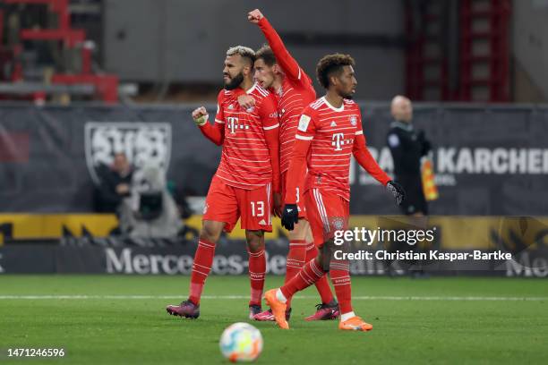 Eric Maxim Choupo-Moting of FC Bayern Munich celebrates with teammates after scoring the team's second goal during the Bundesliga match between VfB...
