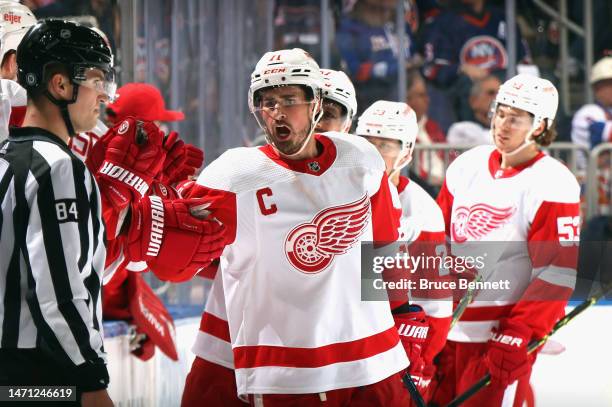 Dylan Larkin of the Detroit Red Wings celebrates his powerplay goal against the New York Islanders at 18:59 of the second period at the UBS Arena on...