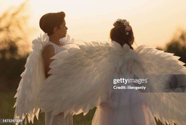 two angels with white wings on green grass. blonde girl in dress and brunette boy on summer sunset background - angel white dress stock pictures, royalty-free photos & images