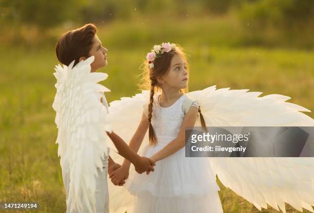 two angels with white wings on green grass. blonde girl in dress and brunette boy on summer sunset background - touched by an angel stockfoto's en -beelden