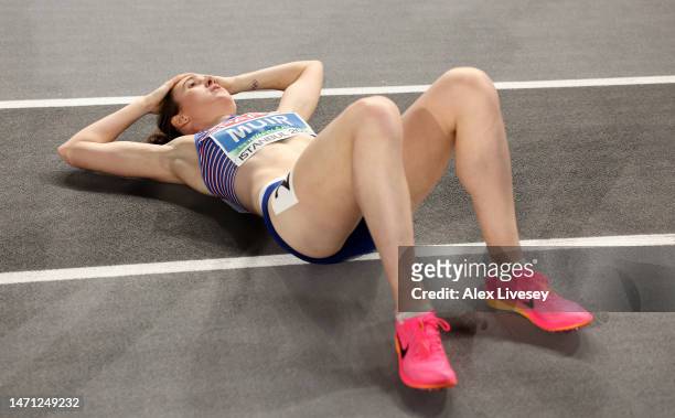 Laura Muir of Great Britain celebrates after winning the Women's 1500m Final during Day 2 of the European Athletics Indoor Championships at the...