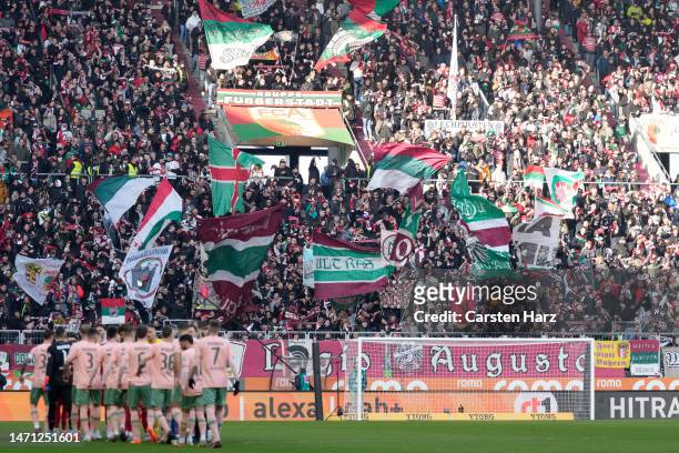 Fans of Augsburg during the Bundesliga match between FC Augsburg and SV Werder Bremen at WWK-Arena on March 4, 2023 in Augsburg, Germany.