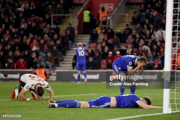 Harry Souttar of Leicester City reacts after a missed chance during the Premier League match between Southampton FC and Leicester City at Friends...