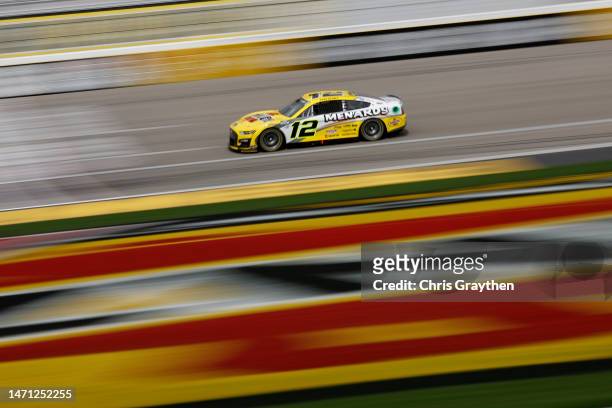 Ryan Blaney, driver of the Menards/Pennzoil Ford, drives during practice for the NASCAR Cup Series Pennzoil 400 at Las Vegas Motor Speedway on March...