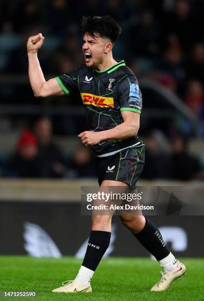 Marcus Smith of Harlequins celebrates victory during the Gallagher Premiership Rugby match between Harlequins and Exeter Chiefs at Twickenham Stadium...