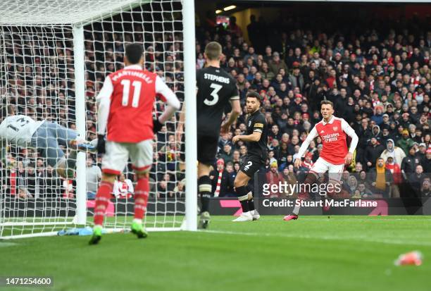 Ben White scores the 2nd Arsenal goal during the Premier League match between Arsenal FC and AFC Bournemouth at Emirates Stadium on March 04, 2023 in...