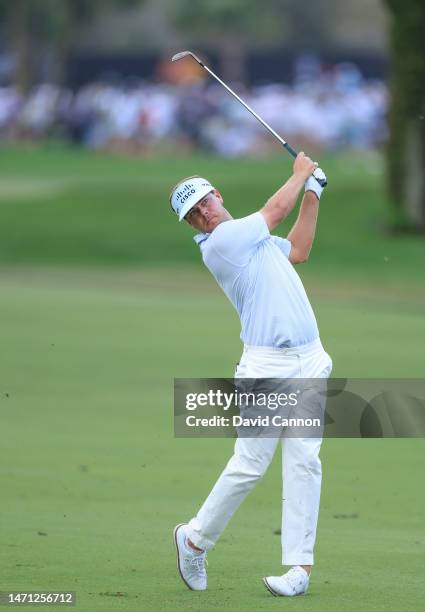 Keith Mitchell of The United States plays his second shot on the first hole during the third round of the Arnold Palmer Invitational presented by...