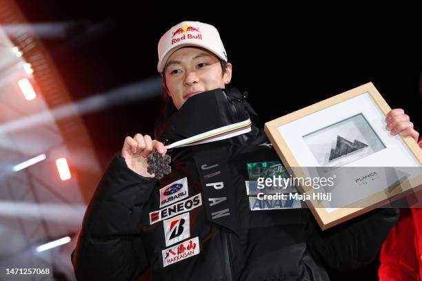 Silver medalist Ryoyu Kobayashi of Japan poses for a photo during the medal ceremony for Men's HS138 Ski Jumping at the FIS Nordic World Ski...
