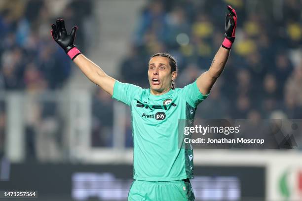 Marco Silvestri of Udinese Calcio reacts during the Serie A match between Atalanta BC and Udinese Calcio at Gewiss Stadium on March 04, 2023 in...