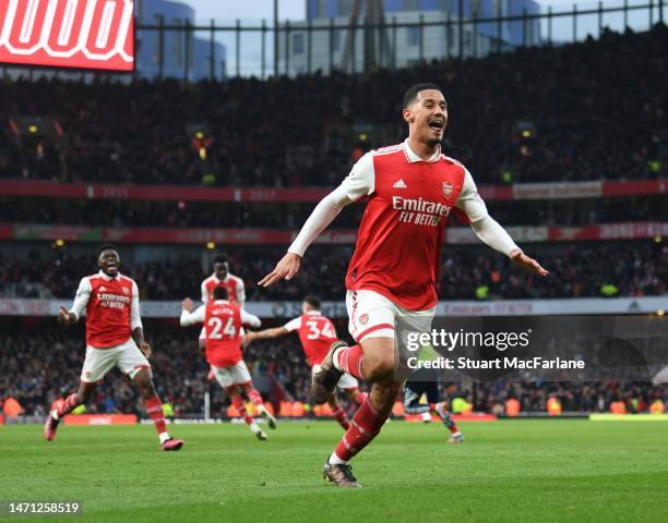 William Saliba celebrates the 3rd Arsenal goal, scored by Reiss Nelson during the Premier League match between Arsenal FC and AFC Bournemouth at...