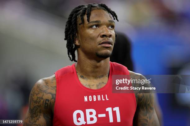 Quarterback Anthony Richardson of Florida looks on during the NFL Combine at Lucas Oil Stadium on March 04, 2023 in Indianapolis, Indiana.