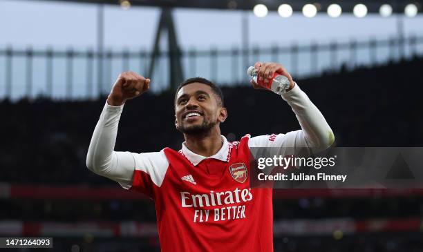 Reiss Nelson of Arsenal celebrates at full time after scoring the winning goal during the Premier League match between Arsenal FC and AFC Bournemouth...