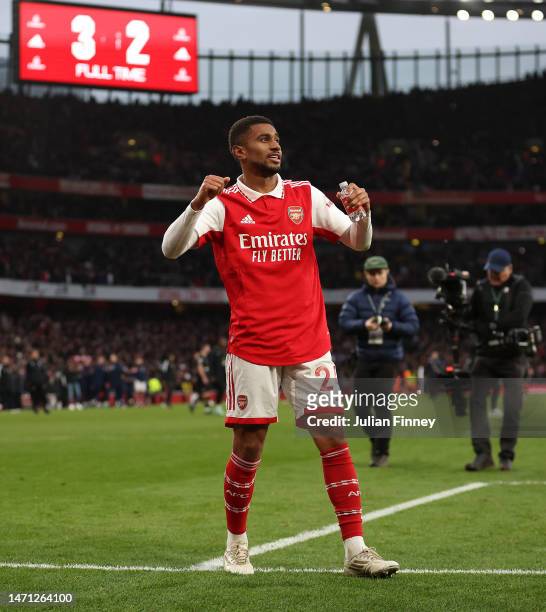 Reiss Nelson of Arsenal celebrates at full time after scoring the winning goal during the Premier League match between Arsenal FC and AFC Bournemouth...