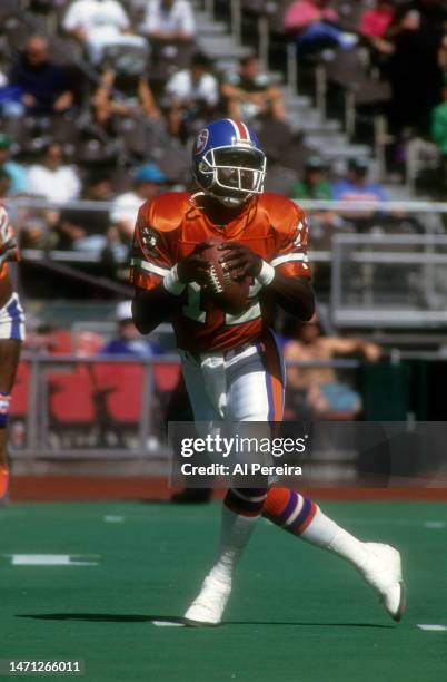 Quarterback Shawn Moore of the Denver Broncos drops back to pass in the game between the Denver Broncos vs the Philadelphia Eagles at Veterans...