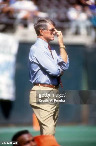 Head Coach Dan Reeves of the Denver Broncos follows the action in the game between the Denver Broncos vs the Philadelphia Eagles at Veterans Stadium...