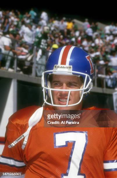 Quarterback John Elway of the Denver Broncos follows the action in the game between the Denver Broncos vs the Philadelphia Eagles at Veterans Stadium...