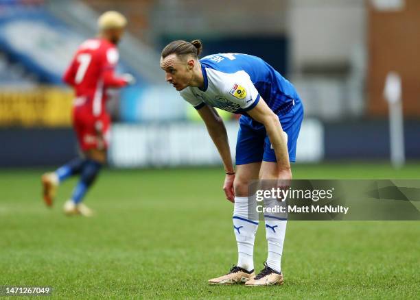 Will Keane of Wigan Athletic reacts during the Sky Bet Championship between Wigan Athletic and Birmingham City at DW Stadium on March 04, 2023 in...