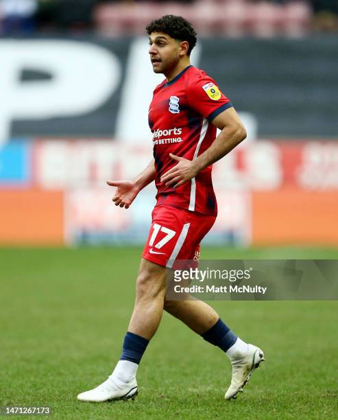 Reda Khadra of Birmingham City during the Sky Bet Championship between Wigan Athletic and Birmingham City at DW Stadium on March 04, 2023 in Wigan,...