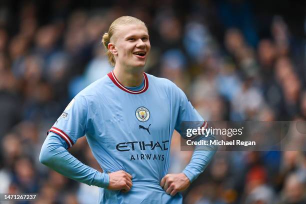 Erling Haaland of Manchester City looks on during the Premier League match between Manchester City and Newcastle United at Etihad Stadium on March...