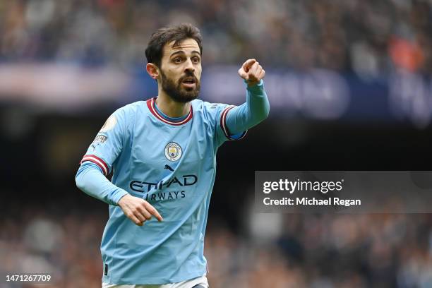 Bernardo Silva of Manchester City looks on during the Premier League match between Manchester City and Newcastle United at Etihad Stadium on March...