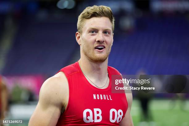 Quarterback Will Levis of Kentucky looks on during the NFL Combine at Lucas Oil Stadium on March 04, 2023 in Indianapolis, Indiana.