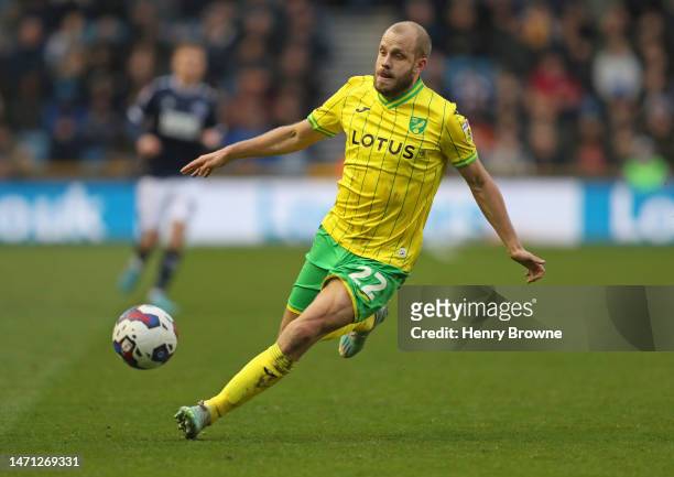 Teemu Pukki of Norwich City in action during the Sky Bet Championship match between Millwall and Norwich City at The Den on March 4, 2023 in London,...